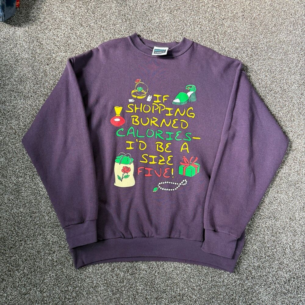 Vintage 90s Decotex Funny Novelty Graphic Sweatshirt Purple Shopping Humor Camp